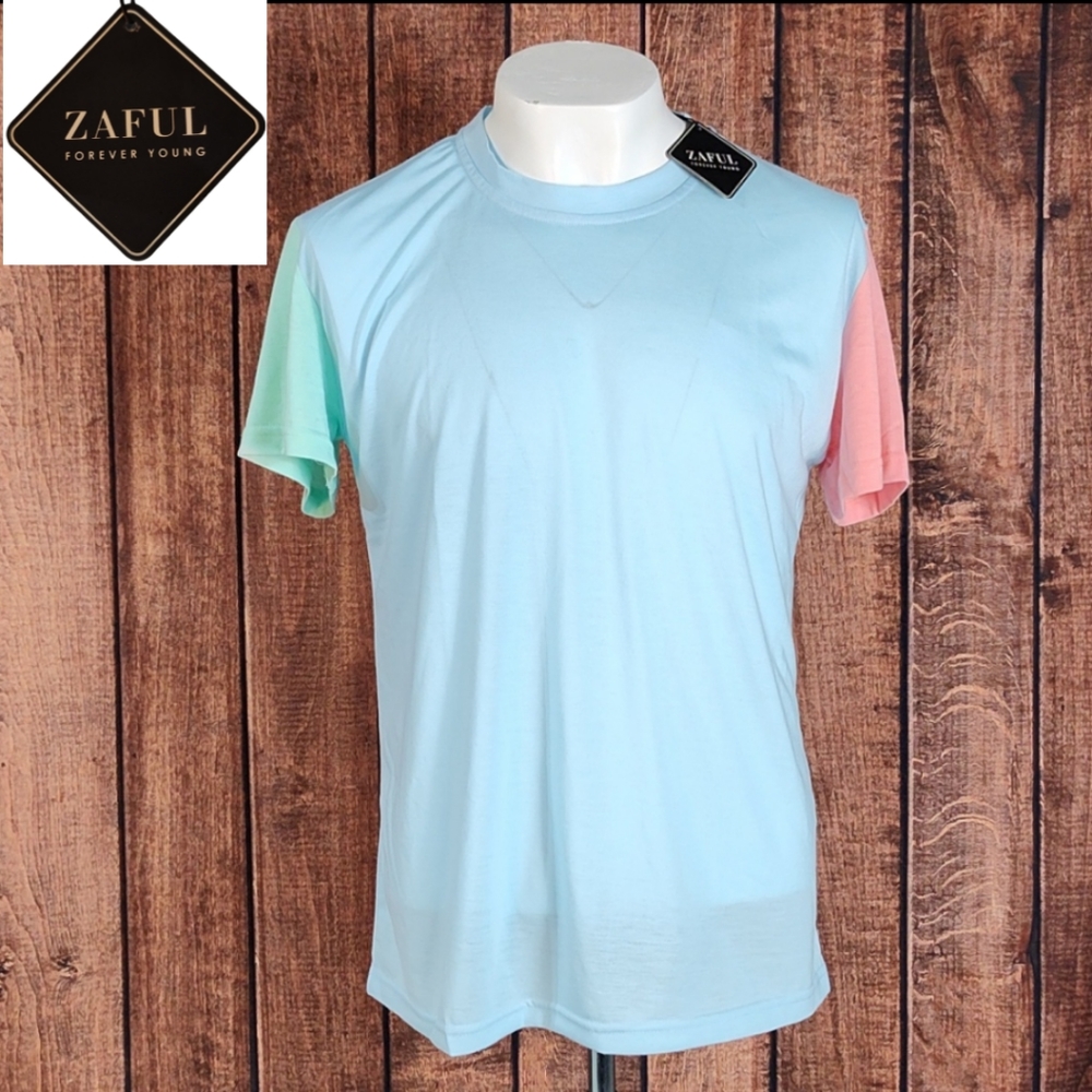 NEW Zaful Mens Color Block Pastel Blue Pink Green Crew Neck T Shirt
